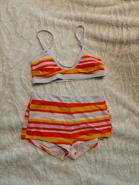 New Cupshe Orange Striped Bikini with Boy Shorts Size Large Vintage Style